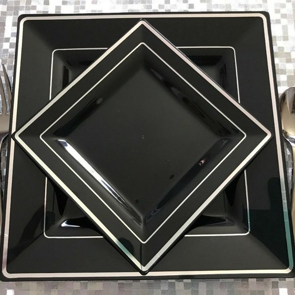 COPY - Disposable Plastic Plates Black silver 60 Packs (30 large) (30 small) - Picture 1 of 2